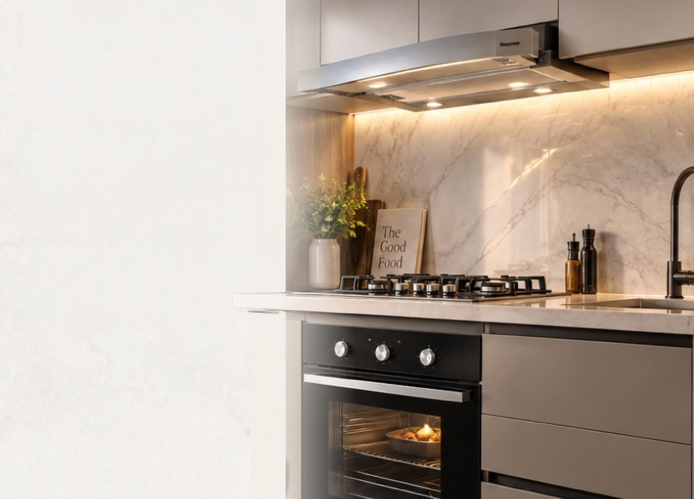 Cocina equipada con horno, encimera y campana Hisense