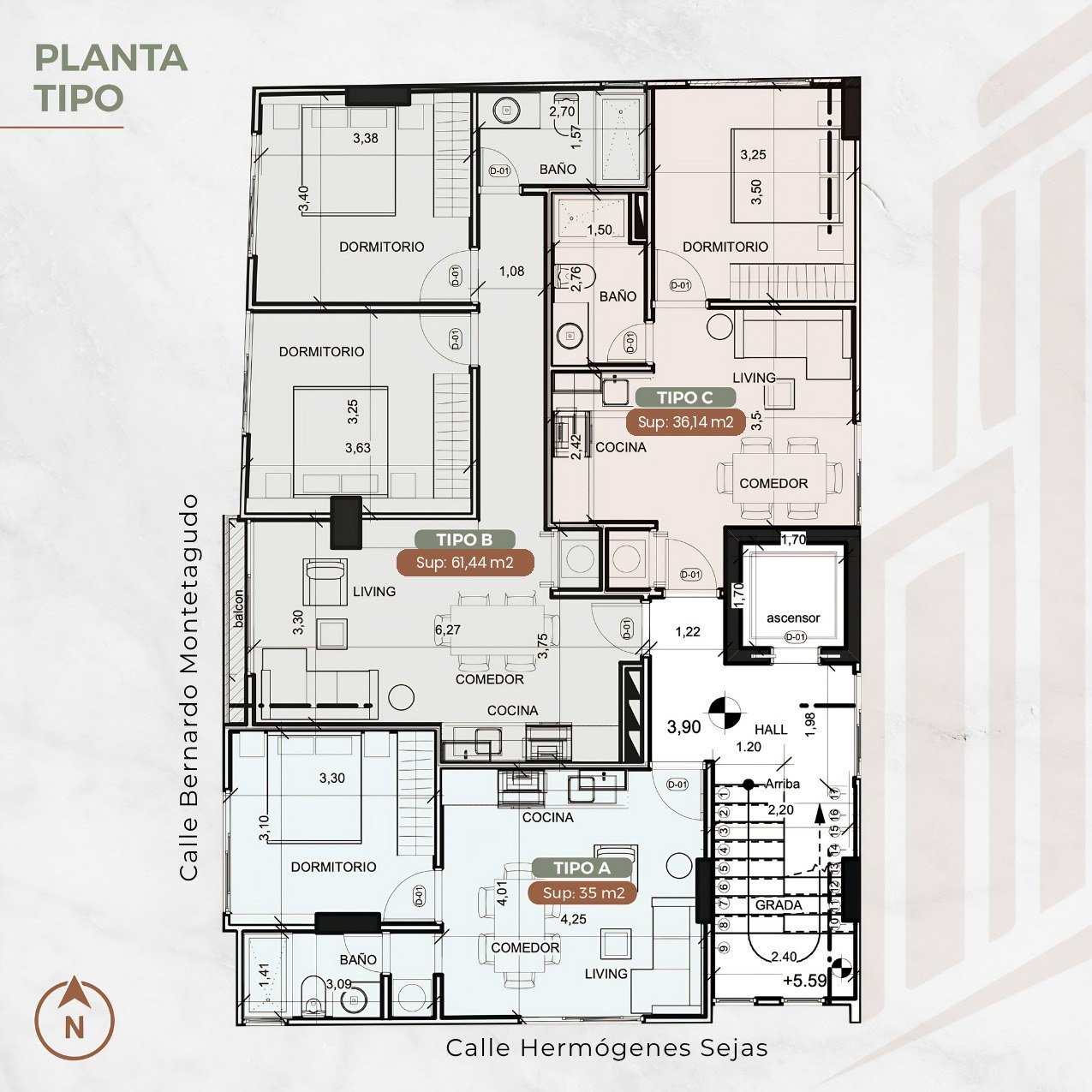 Planta tipo, pisos 1 al 8, con los tipos A, B y C